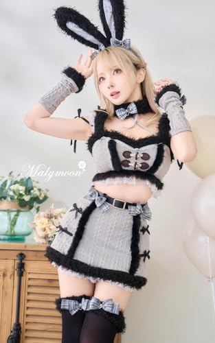 [Malymoon] コスプレ アニマル 動物 バニーガール うさぎ ウサ耳 ニット ファー 黒 グレー 白 シスル セットアップ 衣装 仮装 マリームーン 9点セット CS25005 詳細画像5