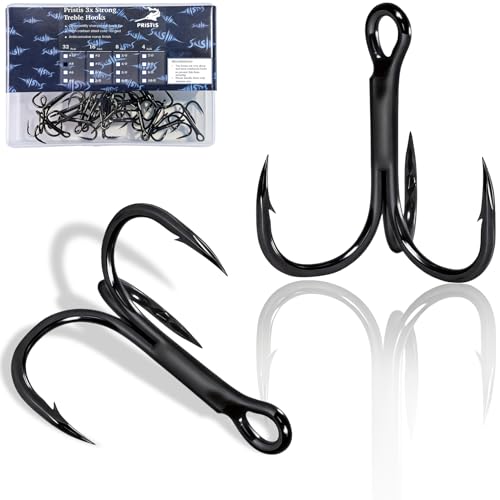 Pristis 32 Pack #8 3X Strong Fishing Treble Hooks High Carbon Steel Sharp Barbed Tripple Round Bend Hook Kit Set for Lure Bait Needle Point for Saltwater Freshwater Bass Trout Tuna Catfish Pike