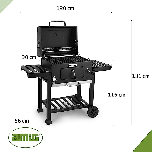 Amig - Holzkohlegrill, Fireplus Tragbarer Barbacue | Grill mit Rädern und Seitenablagen | Belüftungssystem und Aschebehälter | Stahlgrill 57 x 42 cm | Maße: 116,5 x 13,1 x 56 cm – Bild 5