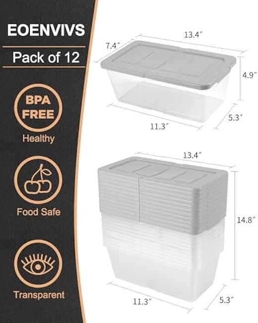 Plastic Storage Container 12 Pack Plastic Storage Bins with Lids, Stackable Shoe Organizer Boxes Storage Baskets for Organizing Closet Organizers and Storage, Clear+Grey