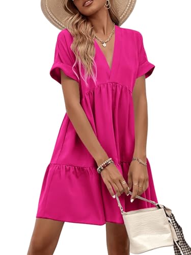Image of WDIRARA Women's Roll Up Short Sleeve V Neck Ruffle Hem Solid Swing Smock Dress