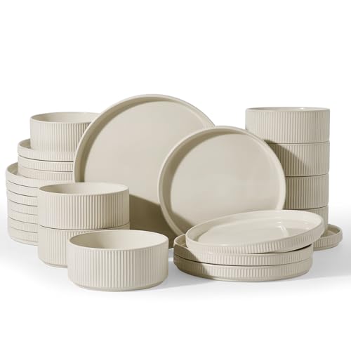 Image of Famiware Stoneware Dishes Dinnerware Sets for 6, Ribbed Plates and Bowls | 18-Piece Ceramic Dinner Set with Lipped Edges, Chip & Scratch Resistant , Microwave & Dishwasher Safe, Daily Use, Oat White
