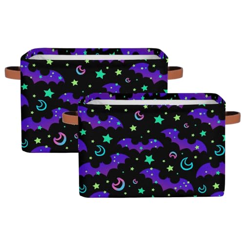 Image of OMFUNS Rainbow Bat Rectangle Storage Basket Halloween Moon Foldable Storage Bin Cubes with Handles Large Organizer Bins Boxes Toy Closet Shelf Nursery Laundry Basket Home Decor