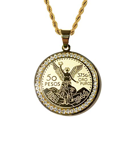 Men Women 925 Italy 14k Gold Finish Iced Round Mexican Coin Centenario Mexicano Moneda 50 Pesos Ice Out Pendant Stainless Steel Real 2.5 mm Rope Chain Necklace, Men's Jewelry, Iced Pesos Coin Pendant, Chain Pendant Rope Necklace (16" NECKLACE)