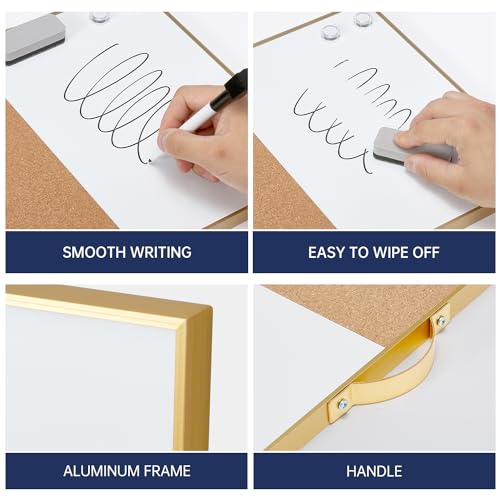 Image of TSJ OFFICE Small Combination Board - 12 inch X 16 inch Portable Aluminum Gold Framed Magnetic Dry Erase Board for Wall, Small Bulletin Cork Board with Holder for Office, Home and School