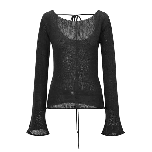 Women's Vintage Knitted Sweater Tops Long Flared Sleeve Backless Hollow Out Pullovers Jumper Shirt4
