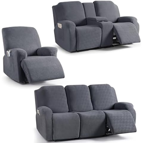 KinCam Jacquard Stretchy Recliner Loveseat Cover with Console X1, Recliner Couch Covers X1, Recliner Chair Covers X1(Dark Gray) Cover