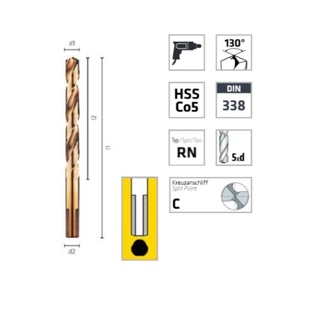10 Brocas helicoidales HSS Cobalto Q. 3 Meplatos DIN 338 - Inox, Aceros 130° D. 7,5 x Lt. 109 x Lu. 69 x Q 7,5 mm x Z2 - Diamwood