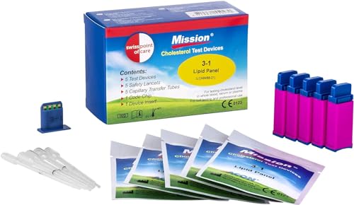 Swiss Point Of Care Mission 3 in 1 Teststreifen und weiteres Messzubehör | 5 Cholesterin Teststreifen inkl. 5 Transferschläuche 1 Codechip 1 Geräteeinsatz
