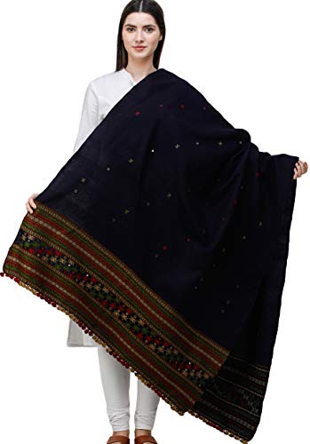 Shawl from Kutch with Embroidered Border and Mirrors (Navy Blue)