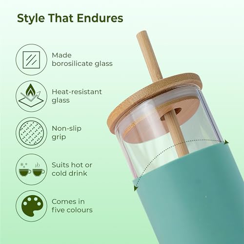 Image of IMECO ECO Sipper Glass Bottle with Bamboo Lid & Straw 450ml | Borosilicate Glass Tumbler | Leakproof & BPA-Free | Reusable, Non-Toxic & Lightweight | Ideal for Milk, Coffee & Tea - Green