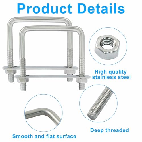 Image of 2 Stainless Steel Square U-Bolts, Inner Width 2.5 inch(65mm), Length 3.1 inch(80mm), M8 304 Stainless Steel with Frame Plates and Nuts for Light Industry, Metallurgy, Construction, Shipping