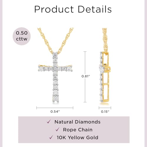 Jewelili 10K Yellow Gold Cross Pendant Necklace for Women | 1/2 CTTW Natural White Round Diamonds | 18" Rope Chain | Luxury Jewelry with Gift Box | Timeless Fashion Jewelry Gift for Her4