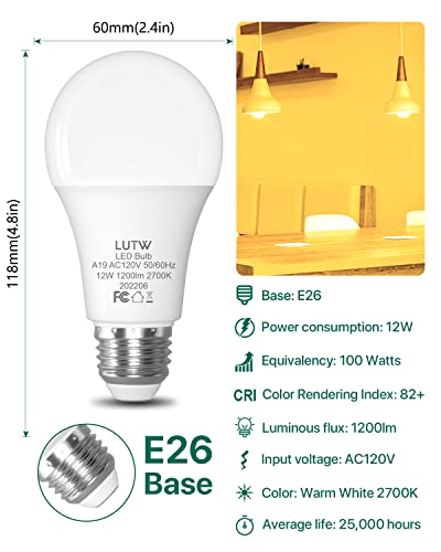Image of A19 E26 LED Bulbs, 100W Eqv, 12W, 2700K, Non-Dimmable, 6 Pack | 1200 Lumen, Warm White Light, Ideal for Bedroom, Living Room Lighting