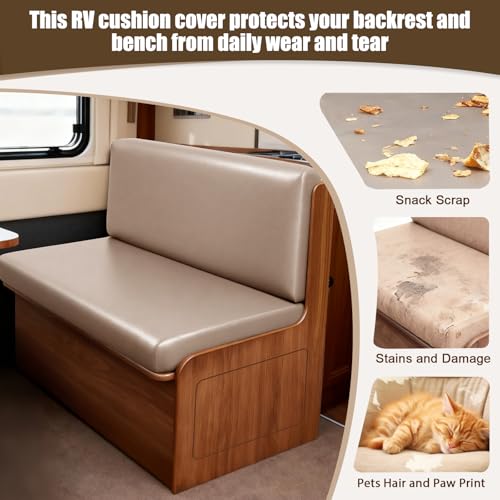 Image of SearchI PU Leather RV Dinette Cushion Covers, Stretch Camper Cushion Slipcovers for Travel Trailer Couch RV Booth Seat, Replacement Camper Sofa Chair Protector(2 Backrest Cover & 2 Bench Cover, Taupe)