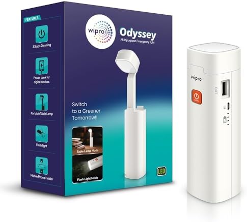 wipro Odyssey Multifunctional Rechargeable LED Emergency Light | Dual Mode-Torch & Table Lamp | Portable Light | 3-Step Dimming | 3000 Mah Li-Ion Battery | in-Built Power Bank | White, Pack of 1
