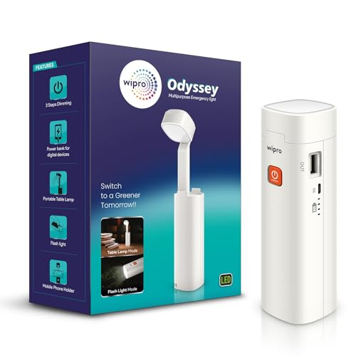 Wipro Odyssey Multifunctional Rechargeable LED Emergency Light | Dual Mode-Torch & Table Lamp | Portable Light | 3-Step Dimming | 3000 Mah Li-Ion Battery | in-Built Power Bank | White, Pack of 1 (B0CJ5D618T) Amazon Price History, Amazon Price Tracker