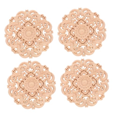MUELODSIC 4個木製装飾アップリケ 丸型花柄彫刻 無塗装 木彫りオーナメント 家具 壁 ベッドフレーム用 可能 木質貼花 インテリア用