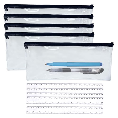 Heuiop 5 Pcs Clear Pencil Case For Exams With 5 Pcs 30Cm Ruler, See Through Pencils Cases With Black Zip, Large Capacity Transparent Pencil Case For Office School Or Travel Storage