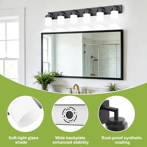 Image of Bathroom Light Fixtures, Matte Black Bathroom Lighting Fixtures Over Mirror, Modern Vanity Light with White Glass Shade, Restroom Lighting Fixtures, 6-Light 46-inch