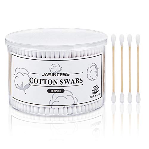 JASINCESS 500 Count Cotton Swabs Natural Double Round Tips Cotton Buds with Strong Bamboo Sticks Multifunctional Sanitary Swabs