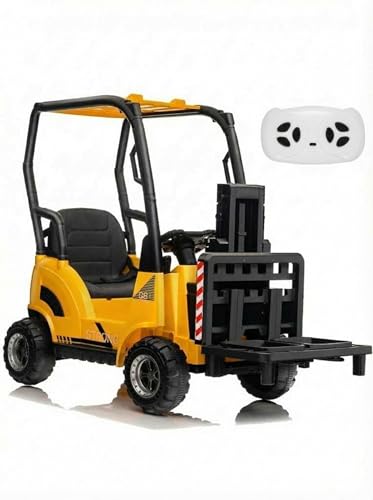 Carretilla elevadora de coche eléctrico infantil de 12 V con tienda – juguete de construcción con horquilla ajustable y paleta – ideal para interior y exterior – regalo para niña a partir de 3 años