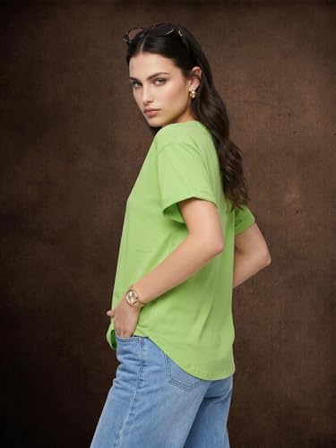 Image of JUNEBERRY Pure 100% Cotton Oversized Loose Fit Drop Shoulder Round Neck Boyfriend Fit Solid Half Sleeves T-Shirt for Women & Girls (Sizes: S to 2XL)