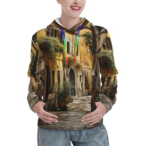 Sweat à capuche tendance avec motif imprimé vieille rue italienne nostalgique
