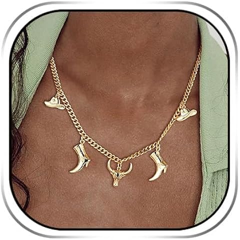 HZMAN Western Cuban Chain Necklace for Women, 20 Inch Solid Brass Cowboy Style Choker for Women, Gold Plated Statement Jewelry