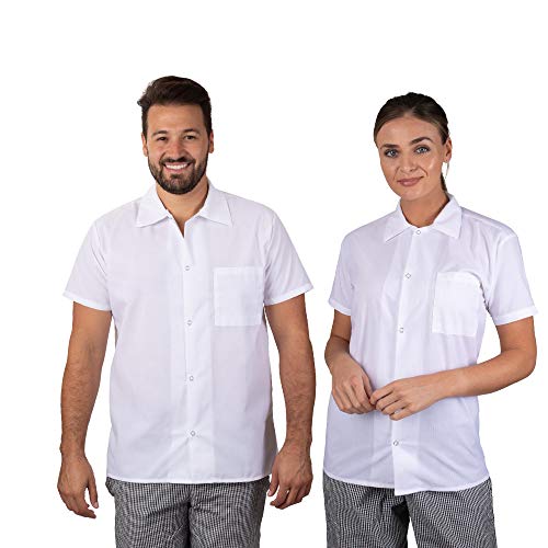 Elite Kitchens Apparel Professional Chef Shirts Bulk 6 Pack, White Short-Sleeved with Snap Buttons and Thermometer Pocket for Restaurant or Home Kitchen