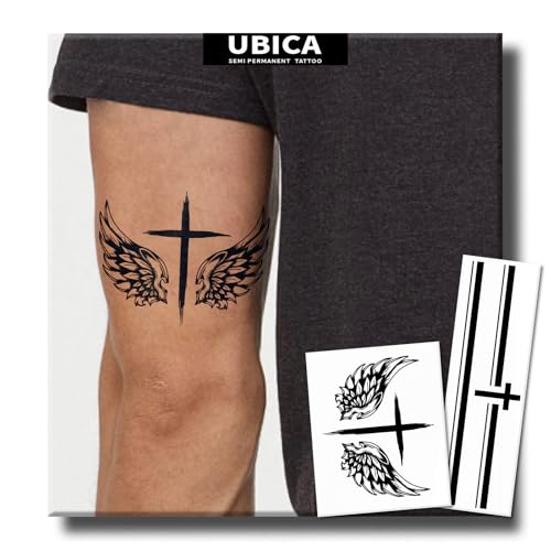 UBICA Semi Permanent Tattoo, 2 Sheets Cross Wing Temporary Tattoo, Minimalist Fine Line Realistic Black Fake Tattoo Stickers for Men Women, Lasts 7-15 Days for Wrist Arm, Waterproof & Non-Reflective