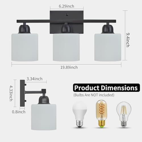 Image of 3-Light Bathroom Light Fixtures, Black Bathroom Vanity Lights with Milky White Frosted Glass Shades, Black Vanity Light for Bathroom Mirror, Bedroom, Living Room, Vanity Table, E26 Base