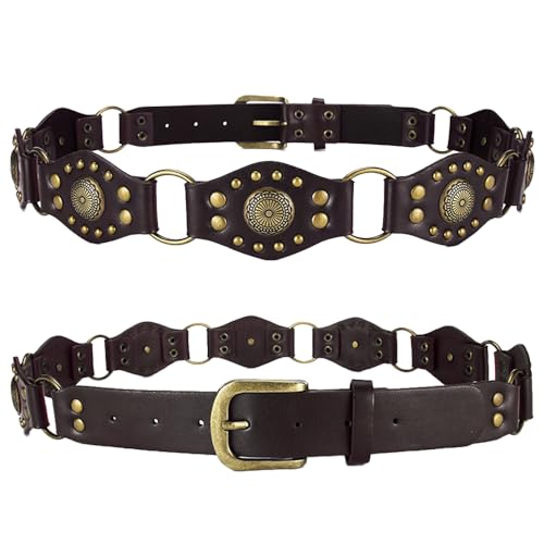 Brown Western Belts for Women Cowgirl Y2K Studded Leather Concho Chain Belt Wide Boho Disc Vintage Country Belts for Dresses Jeans, Fit Waist up to 34