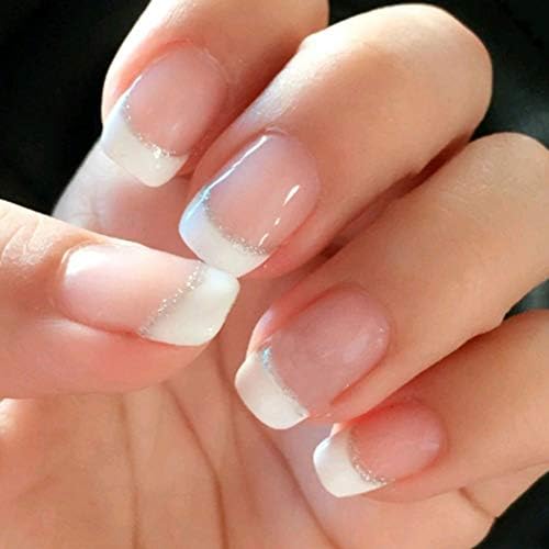 Blindery French Short Press on Nails Square Artificial False Nails Pink Glossy Glitter Fake Nails Wedding Stick on Nails for Women and Girls 24PCS