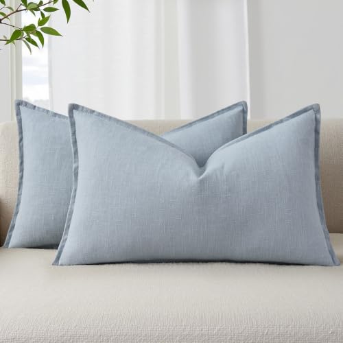 Image of decorUhome Decorative Linen Throw Pillow Covers 12x20 Inch Set of 2 Sky Blue Lumbar Neutral Pillow Covers with Flange Edges Soft Farmhouse Boho Accent Pillow Cases for Couch Bed Living Room