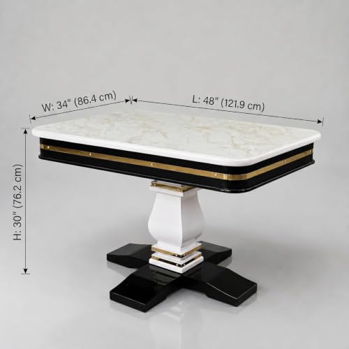 Image of 4 Seater Rectangular Dining Table Set with 4 Black Upholstered Chairs, White Marble Look Top and Gold Accents for Modern Home