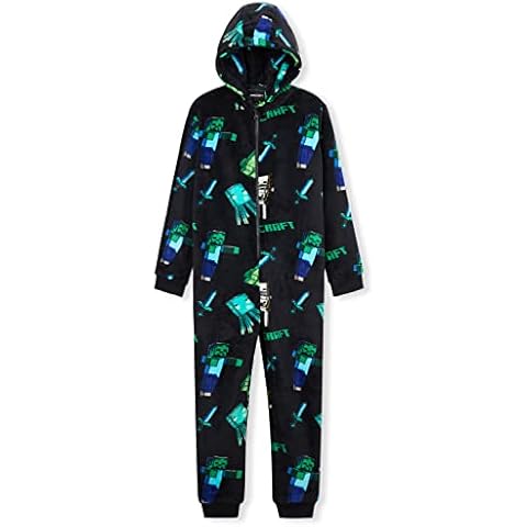 Minecraft Onesie, Jumpsuit Kinder, Schlafanzug Jungen, Ganzkörperanzug Schlafoverall Kinder, Warmer Fleece Overall Hausanzug (9-10 Jahre, Schwarz) Cover