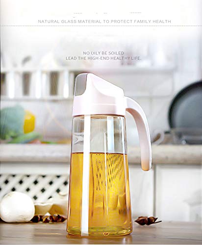 Oil Dispenser Bottle, 630ml Leakproof Condiment Container, Glass Vinegar Dispensing Cruets with Automatic Cap and Stopper, Non-Drip Spout, Non-Slip Handle for Kitchen Cooking-Apricot