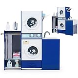 INFANS Kids Toy Washing Machine Playset, Wooden Washer Pretend Laundry Set with Realistic Sound Iron Hanger Fabric Drawer, Montessori Gift for Boys Girls