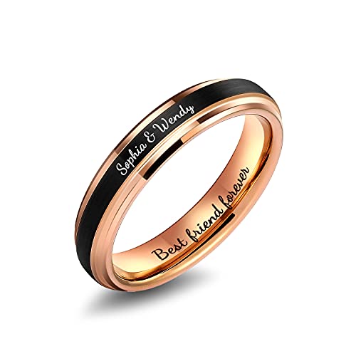 LerchPhi 4MM Custom Tungsten Carbide Ring, Custom Engraved Promise Wedding Ring, 18K Rose Gold Stepped Edge with Black Matte Satin Finish