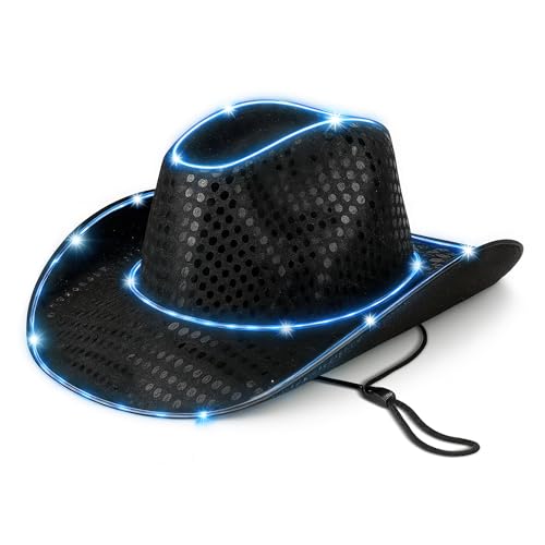GloFX Black Sequin LED Cowboy Hat Light-Up Western Party Hat for Festivals Raves & Events Blue/Green EL Wire Display 2 AAA Batteries Required Not Included