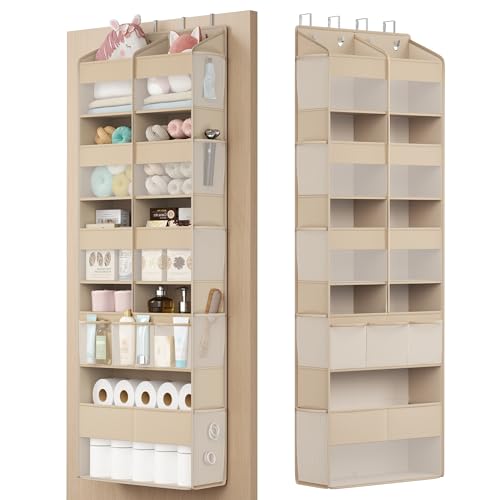 SONGMICS Organizador de Puerta, 9 Compartimentos, Colgador Plegable, Ganchos Metálicos, Frontal Transparente, Bolsillos Laterales, Beige Arena RDH009LF01