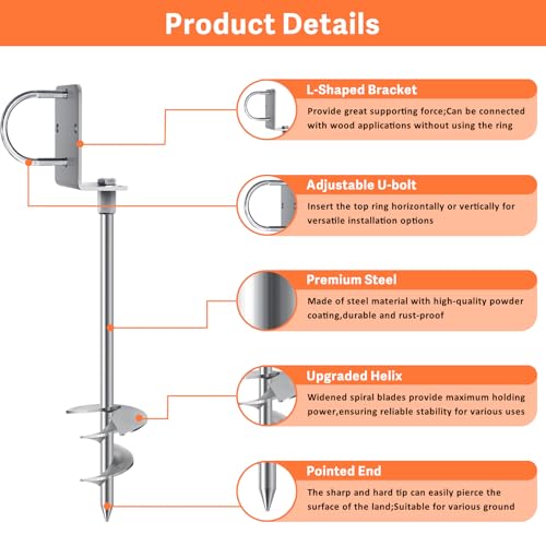 Image of Eurmax USA Ground Anchors Heavy Duty Adjustable L-Shaped Head Shed Tent Stakes Trampoline Anchors, Trampoline Stakes for Sheds,Swing Sets,Mobile Home,Carports Set of 4(Silver)