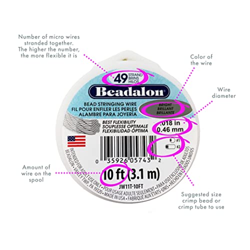 Beadalon 49 Strand Stainless Steel Bead Stringing Wire.018 In / 0.46 Mm, Bright, 30 Ft / 9.2 M #TOP2