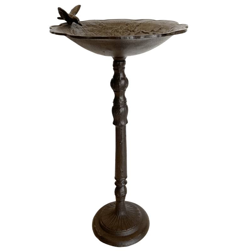 L'Héritier Du Temps Grand Bain Oiseau sur Pied en Fonte Bénitier à Poser Mangeoire Abreuvoir à Volatiles Patine Marron 36x36x75cm