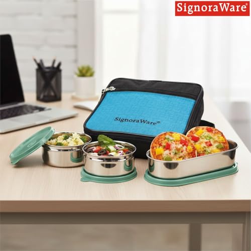Image of SignoraWare Health Bite Stainless Steel Lunch Box | Airtight & Leakproof | Compact & Easy to Carry | Ideal for Meal Prep, Travel & Everyday Use (350ml x 2 + 650ml | Setof3 | Egreen)