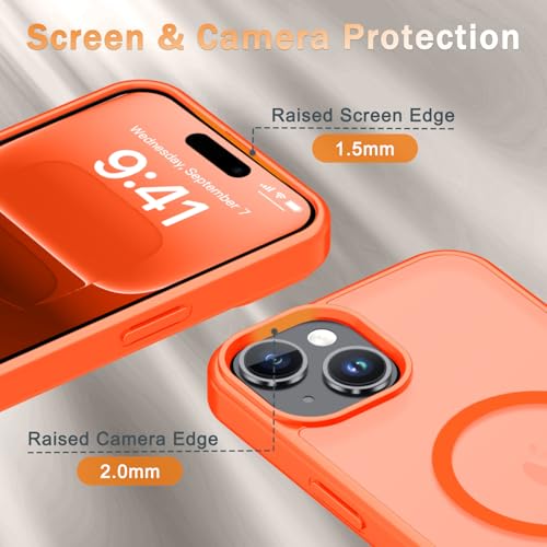 Image of YENAPOON for iPhone 15 Plus Case, iPhone 14 Plus Case, Matte Magnetic Phone Cover with 1 Screen Protector [Support for MagSafe] [Shockproof Military Grade Protection] Translucent Frosted Back, Orange