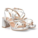 shoes&blues.es 96898 Sandalia de Tacon para Mujer con Diseno de Tiras Cruzadas Finas, Elegante para Eventos con Cierre de Hebilla. Plata Talla 38