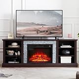Majnesvon Modern 75' Fireplace TV Stand Artificial Culture Stone TV Stand with 23' Electric Fireplace Locker and Adjustable 6 Shelves for Living Room Bedroom (Cherry, 70.12' W*15.35' D*25.83' H)