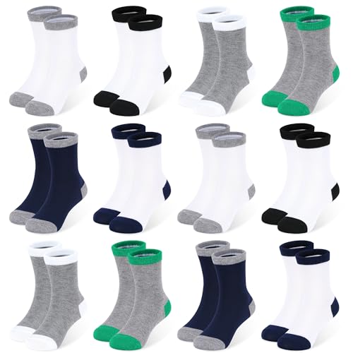 Image of 12 Pairs Kids Crew Socks,Black School Socks for Unisex Ages 1-13 | Trendy color-block design on classic black base,for school uniforms, athletic activities and indoor home leisure